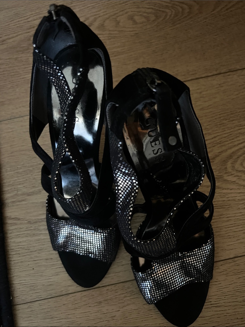 GUESS Black Crystal-Accent Strappy Heels